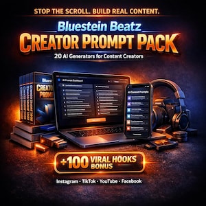 May include: A promotional image for Bluestein Beatz's Creator Prompt Pack, featuring a laptop, smartphone, books, and headphones. The text highlights 20 AI generators for content creators and a bonus of 100 viral hooks. The image includes the text: "STOP THE SCROLL. BUILD REAL CONTENT."