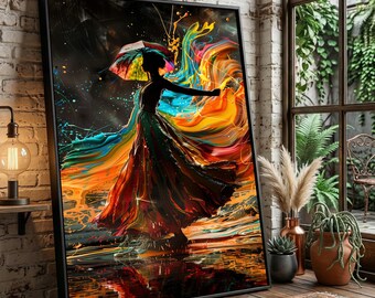 Lebendige Tanzsilhouette auf Leinwand, Farbspritzer-Regenschirmkunst, abstrakte Frauen-Wanddekoration