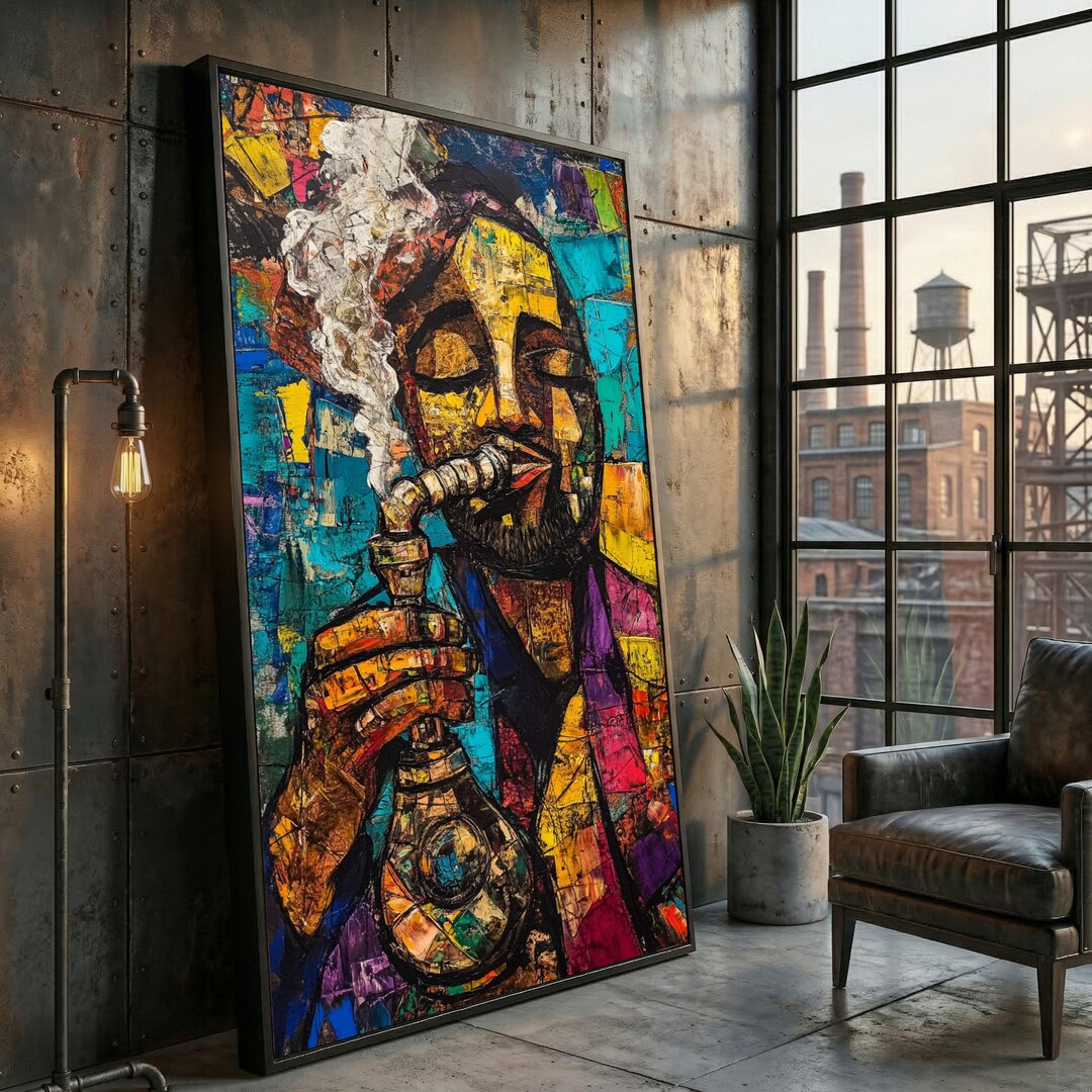 Abstract Man Smoking Hookah Canvas, Colorful Modern African Art ...