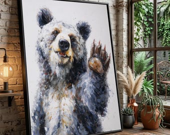 May include: A framed canvas art print of a bear waving. The bear is painted in shades of gray, brown, and white, with a friendly expression. The artwork is displayed in a room with a brick wall and a window.