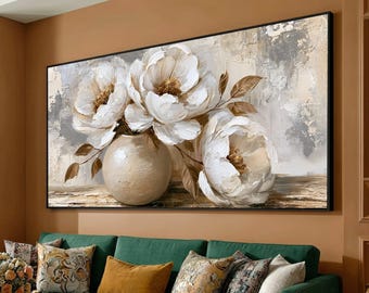 Elegant White Peonies Canvas, Floral Still Life Wall Art, Neutral Tones Flower Vase Canvas, Classic Home Decor Canvas, Ready to Hang Artwork