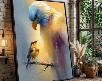 Könnte beinhalten: Ein gerahmter Kunstdruck, der einen großen, abstrakten Adler mit blauem und gelbem Gefieder zeigt, der auf einen kleinen, leuchtend gelb-orangen Vogel auf einem dünnen Ast herabblickt. Das Bild verwendet weiche, fließende Pinselstriche.