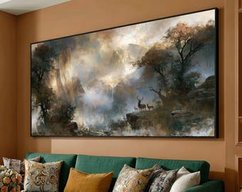 Majestic Deer Misty Mountain Landscape Canvas, Woodland Wildlife Wall Art, Nature Scene Decoration, Forest View Canvas Art