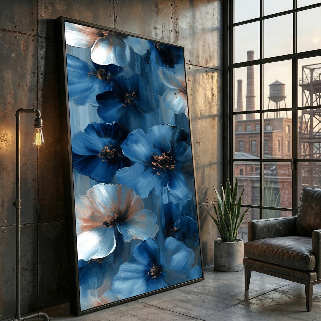 Elegant Blue Floral Canvas Wall Art, Abstract Flower Painting, Modern ...