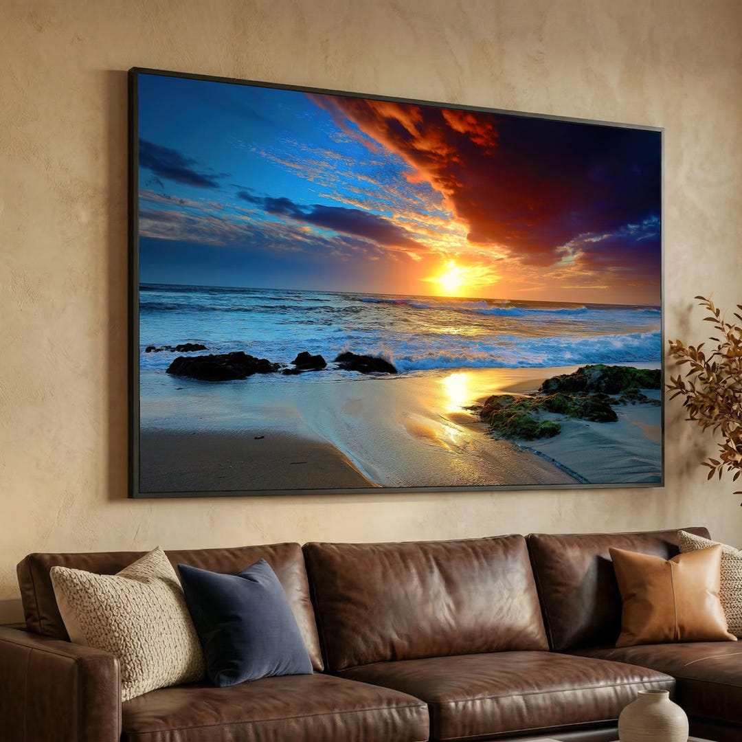 Vibrant Ocean Sunrise Canvas Print, Coastal Beach Wall Art, Sea Waves ...