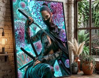 Könnte beinhalten: Ein gerahmter Wandkunstdruck, der eine Figur mit schwarzer Maske und dunkler gemusterter Kleidung zeigt, die zwei Katana-Schwerter hält. Der Hintergrund zeigt lebendige türkisfarbene und violette kreisförmige organische Formen.