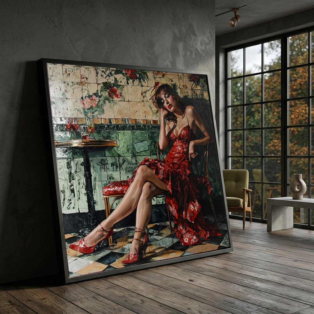 Woman Red Dress Cafe Scene Canvas Art, Vintage Glamorous Portrait Print ...
