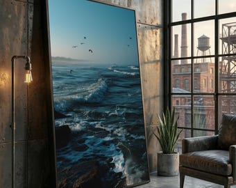 Leinwandbild „Meereswellen im Morgengrauen“, Wandkunst „Küstenvögel und Meereslandschaft“