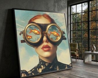May include: Framed art print featuring a woman wearing vintage goggles with goldfish swimming inside the lenses. The artwork has a surreal quality, with a blue sky background and a black and gold patterned top.