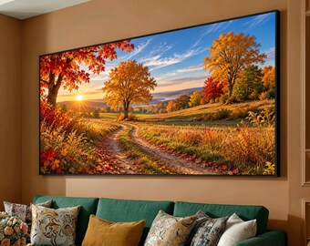 Autumn Sunset Landscape Canvas, Country Road Wall Art, Fall Trees Canvas, Scenic Nature Decor, Warm Colors Canvas Wall Art