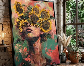 Frau mit Sonnenblumen – Leinwandbild, abstraktes florales Gesichtsbild, farbenfrohe Wohndekoration