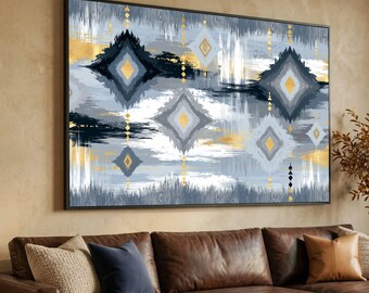Abstrakte geometrische Leinwandkunst, Wanddekoration mit blau-goldenem Diamantmuster