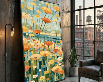 Könnte beinhalten: Ein großes, rechteckiges gerahmtes Wandbild mit einem Impasto-Ölgemälde eines Feldes voller orangefarbener und gelber Mohnblumen. Das Kunstwerk zeigt dicke, strukturierte Pinselstriche vor einem hellblauen und grünen Hintergrund.