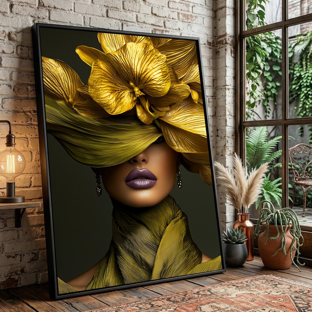 Elegant Woman Golden Floral Hat Canvas, Fashion Portrait Wall Art ...
