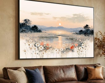 Tranquil Sunset Over Meadow Canvas, Floral Lake View Wall Art, Nature Landscape Canvas, Serene Outdoor Scene, Calm Evening Decoration