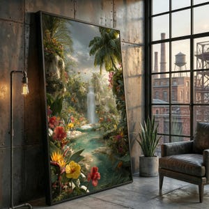 Op de afbeelding: Een grote ingelijste kunstdruk met een weelderige tropische watervalscène. Het kunstwerk toont levendige rode, gele en roze bloemen, een stromende rivier en een waterval. De print wordt getoond in een kamer met een industriële inrichting.