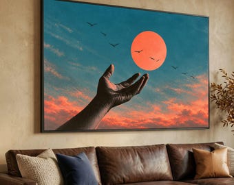 Surreal Sunset Hand Canvas, Orange Sun Wall Art, Blue Sky with Birds, Abstract Nature Canvas, Modern Home Decoration