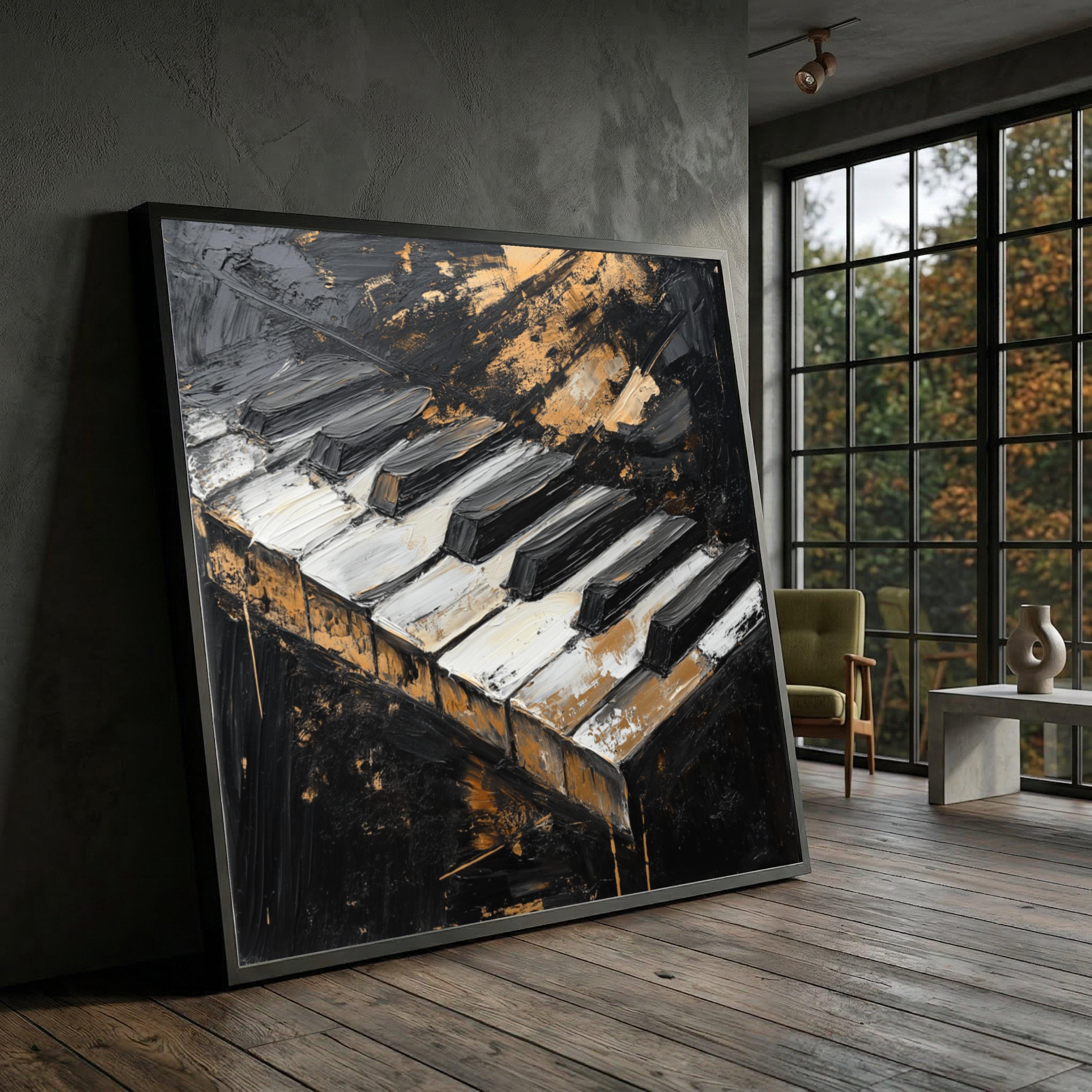 Abstract Piano Keyboard Canvas Art, Black White Gold Musical Wall