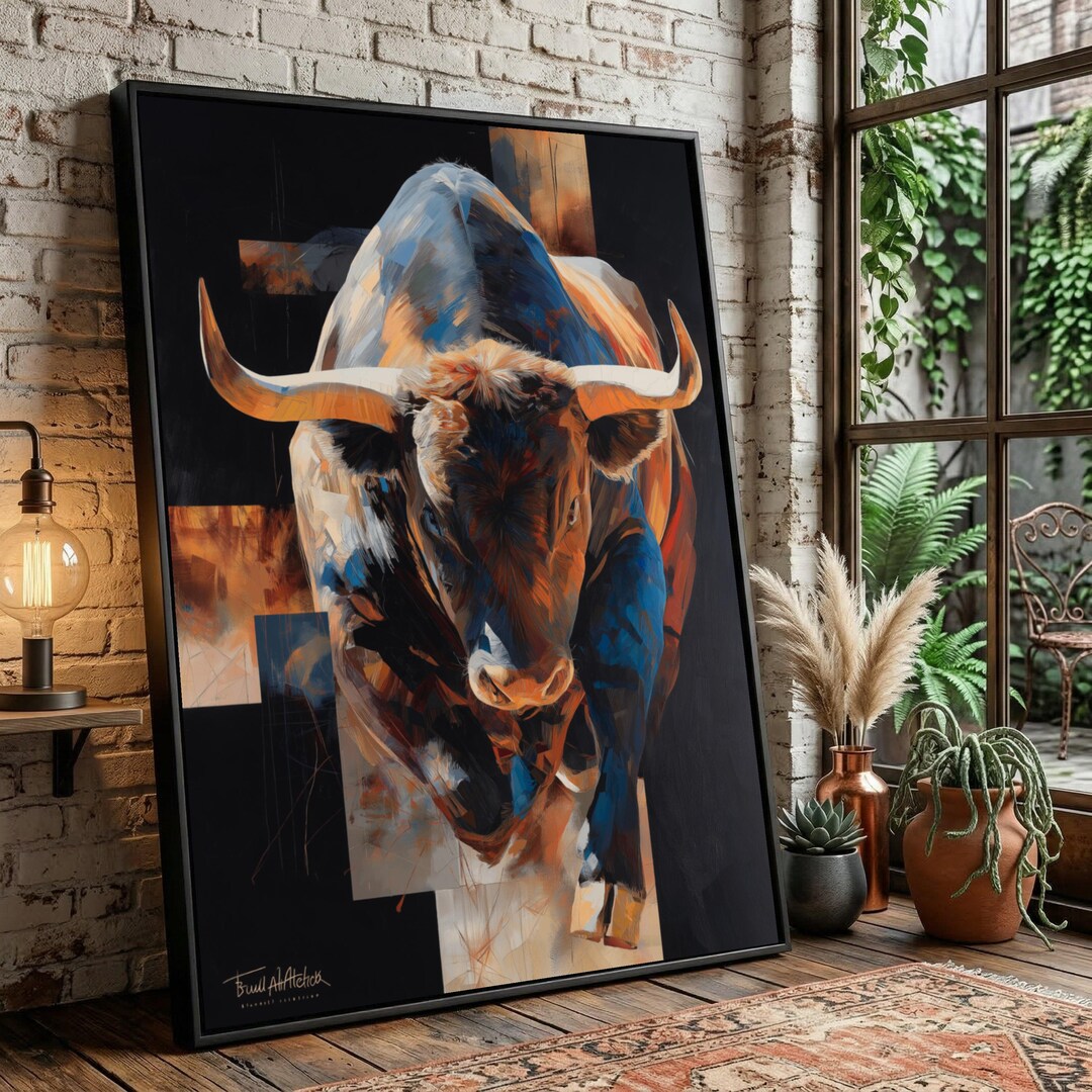 Majestic Bull Abstract Canvas Art, Bold Horned Animal Painting, Modern ...