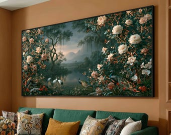 Tranquil Jungle Scene Canvas, Exotic Birds and Flowers Wall Art, Tropical Landscape Decor, Serene Nature Canvas, Ready to Hang Artwork
