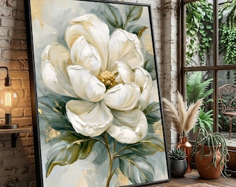 Elegant White Magnolia Canvas Wall Art, Floral Botanical Canvas, Large Flower Print, Home Decor Canvas, Nature Wall Decoration