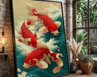 Könnte beinhalten: Ein gerahmter vertikaler Wandkunstdruck mit drei lebhaften roten und cremefarbenen Koi-Fischen, die durch stilisierte türkisfarbene Wasserwellen mit weißen Schaumakzenten und verstreuten blassgelben Blütenblättern schwimmen.
