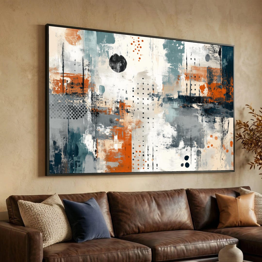 Modern Abstract Canvas Wall Art, Geometric Shapes Painting, Orange Blue ...