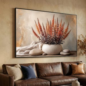 Elegant Sage Flower Bouquet Canvas, Rustic Ceramic Vase Wall Art, Neutral Tones Home Decor, Botanical Canvas Print, Still Life Floral