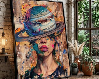 Könnte beinhalten: Ein gerahmter Wandkunstdruck mit einem surrealen Porträt einer Person, deren Kopf durch einen großen Planeten mit Ringen ersetzt wurde. Das Kunstwerk verwendet eine lebendige Farbpalette aus Blau, Gold, Pink und Orange mit Farbspritzern.