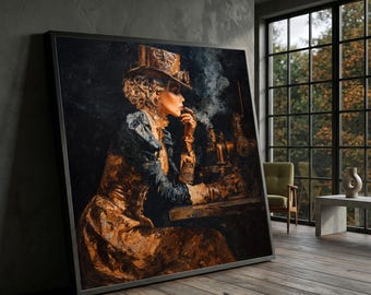 Steampunk-Frauenporträt auf Leinwand, Vintage-Industrie-Wandkunst, Mechanische viktorianische Kostümdekoration