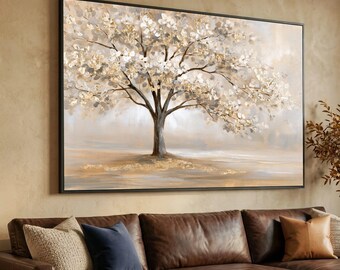 Elegant Blooming Tree Canvas Wall Art, Neutral Floral Tree Decor, Tranquil Nature Landscape, Soft Beige Tones, Ready to Hang Home Decoration