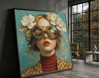 May include: Framed art print featuring a woman with goldfish-filled glasses and white flower accents. She wears a red turtleneck and a patterned jacket. The background is a teal floral design. The artwork is displayed in a room with a window.