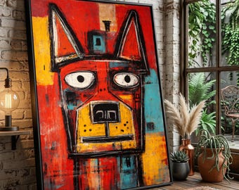 Quadro su tela con audace ritratto astratto di cane, stile Pop Art moderno.