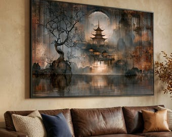 Mystical Asian Pagoda Canvas, Serene Reflection Wall Art, Oriental Landscape Canvas, Tranquil Home Decoration