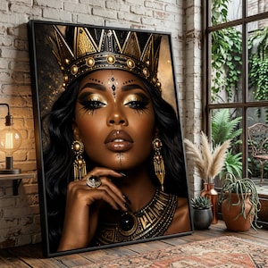 Majestic African Queen Portrait Canvas, Regal Gold Crown Wall Art, Elegant Black Woman Face Decor, Luxury Ethnic Style Canvas