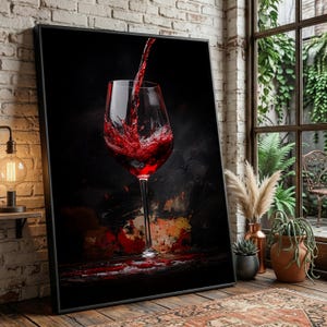 Red Wine Pouring Canvas Wall Art, Splashing Wine Glass Decor, Dark Background Beverage Canvas, Elegant Bar Room Decoration