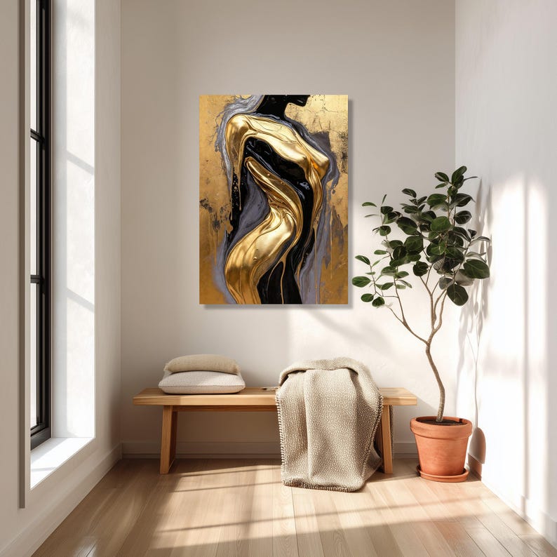 Luxurious Gold and Black Abstract Canvas, Metallic Fluid Art Wall Decor ...