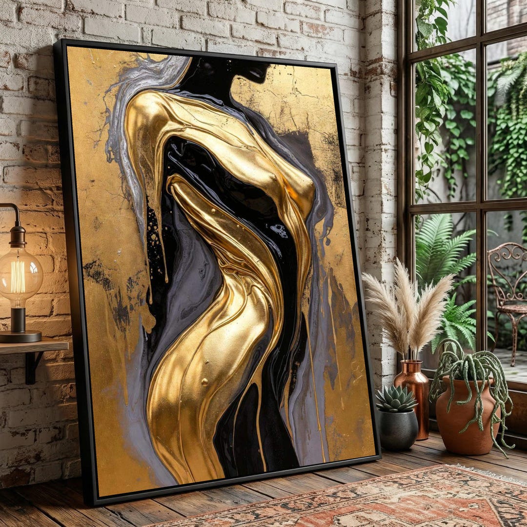 Luxurious Gold and Black Abstract Canvas, Metallic Fluid Art Wall Decor ...