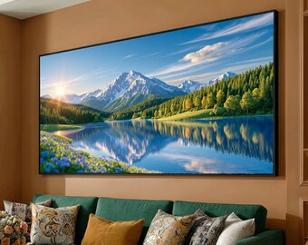 Majestic Snowy Mountain Landscape, Calm Lake Reflection Canvas, Scenic Nature Wall Art, Forest and Blue Sky View, Home Decor Canvas Print