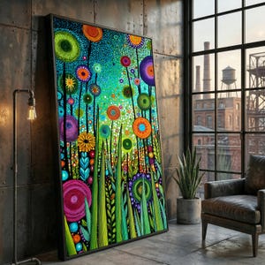 Kleurrijke abstracte tuin canvas, grillige bloemen muur kunst, moderne natuur schilderij, levendig botanisch decor, Bright Home canvas print