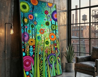 May include: A large rectangular framed wall art piece featuring a vibrant, colorful abstract garden scene with stylized circular flowers in shades of pink, orange, green, and purple, set against a bright teal and green dotted background.
