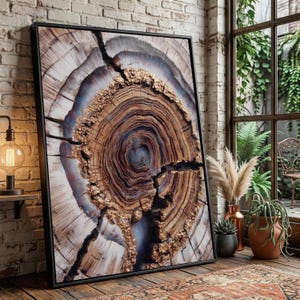 May include: A framed art print featuring a detailed cross-section of a tree trunk. The artwork showcases concentric rings in shades of brown, beige, and blue, with a textured, gold-colored center. The print is displayed in a black frame, leaning against a brick wall.
