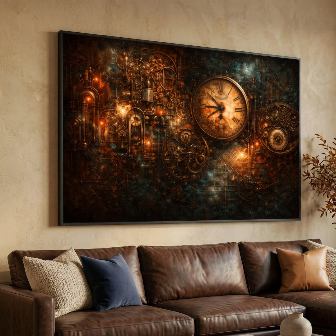 Steampunk Wall Clock Canvas, Industrial Gear Mechanism Art, Rustic ...