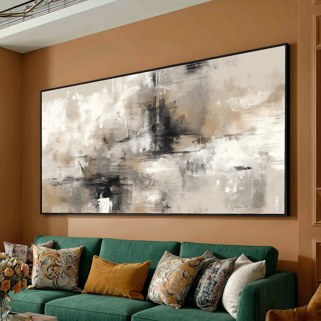 Neutral Abstract Canvas Art, Modern Beige Black Gray Painting ...
