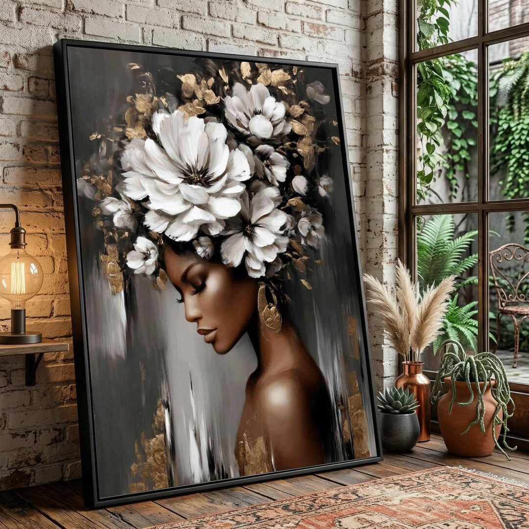 Elegant Woman Portrait Canvas, Floral Headpiece Wall Art, Modern ...