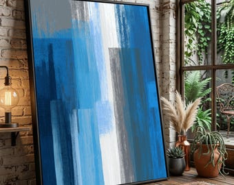 Abstraktes Leinwandbild in Blau-Grau, modernes Gemälde mit vertikalen Streifen, minimalistische Wohndekoration