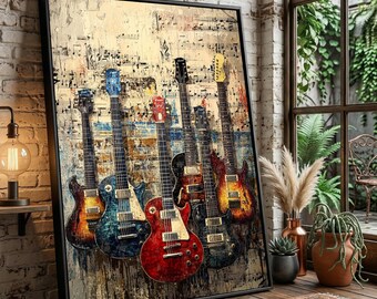 Könnte beinhalten: Ein gerahmter Wandkunstdruck mit fünf E-Gitarren in Rot, Blau und Sunburst-Optik vor einem Hintergrund aus Notenblättern und abstrakten Farbspritzern, eingefasst in einen schlichten, rechteckigen schwarzen Rahmen.