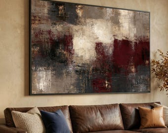 Modern Abstract Canvas Wall Art, Contemporary Color Blocks, Brown and Burgundy Home Decor, Large Abstract Canvas Art, Living Room Decoration
