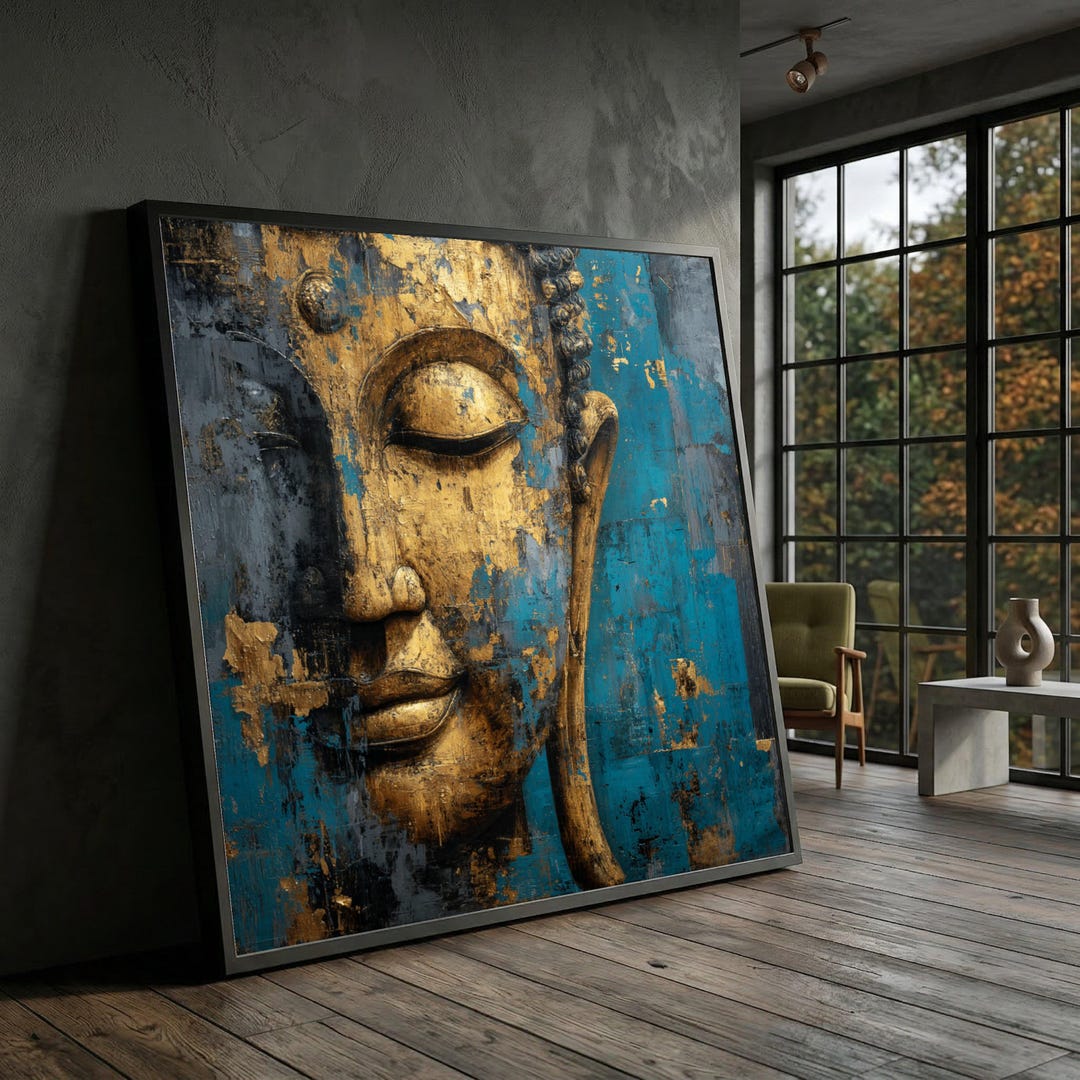 Golden Buddha Face Canvas Wall Art, Blue Abstract Background Painting ...