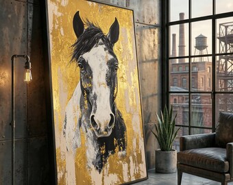 Majestätisches Pferdeporträt auf Leinwand, Wandbild in Schwarz-Weiß mit Goldfolienakzenten, Reitsport-Dekoration